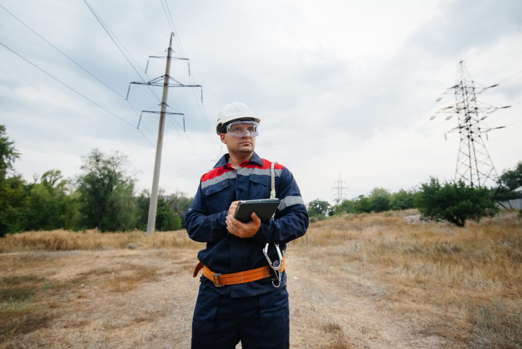 An energy worker inspects power lines.