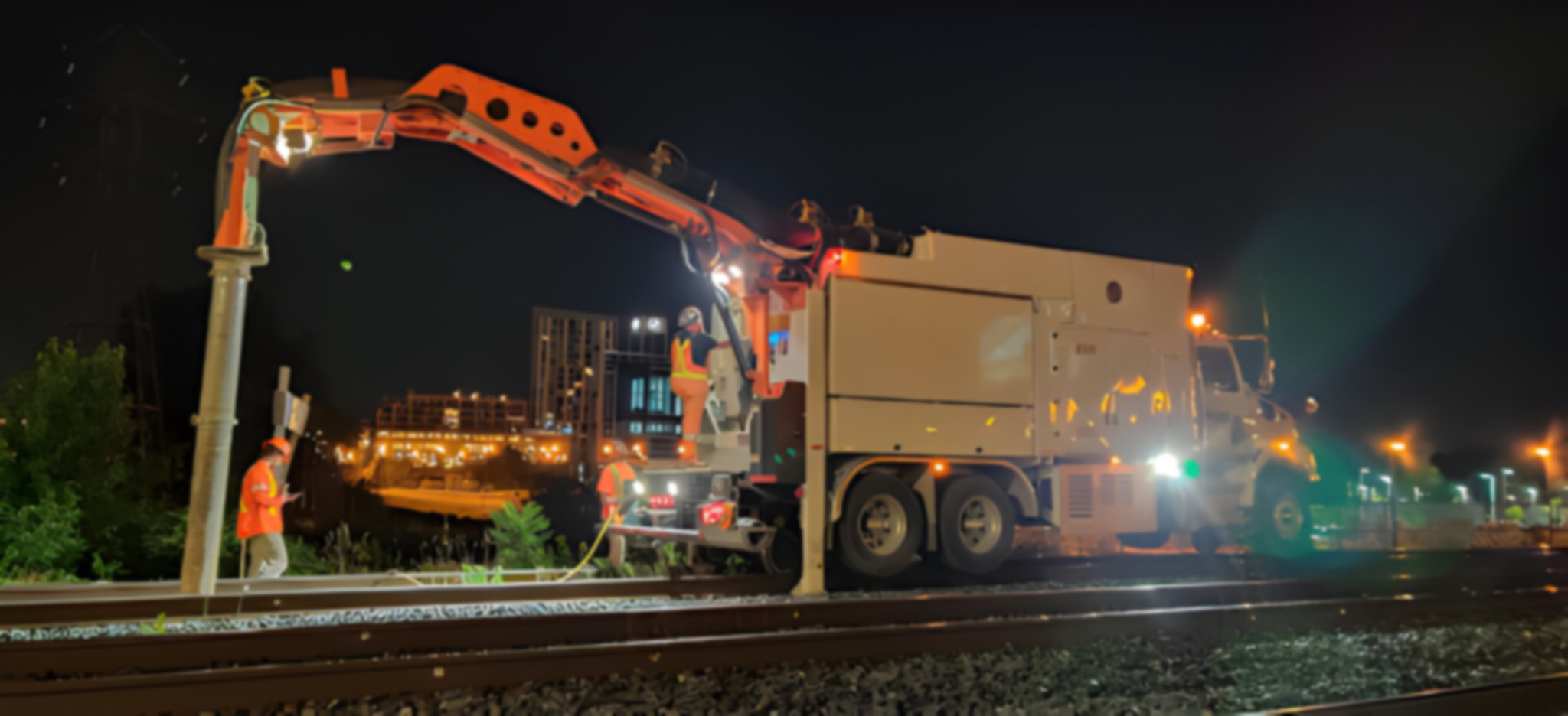 Workers operating on truck with SUE Rail