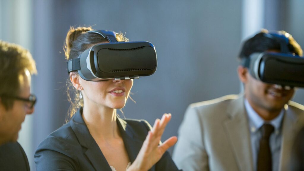 Woman looking through VR headset